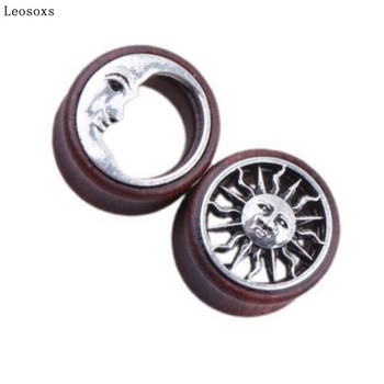 Leosoxs 2τμχ Εξωτερικού Εμπορίου Hot-selling Wood Ear Expander, New Product Sun and Moon Alloy Wood, Exquisite Piercing Jewelry 8-20mm