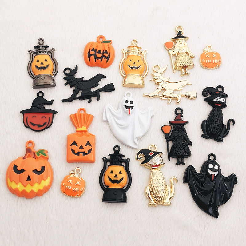 10 bucăți din aliaj de Halloween, dovleac, fantomă, mătură, lilieci, smalț, pandantiv pentru realizarea de bijuterii, brățară, colier, descoperiri
