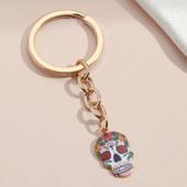 Breloc cu fața de craniu, schelet de flori, breloc chei emailat, cadou de Halloween pentru femei, bărbați, geantă de mână, chei de mașină, bijuterii lucrate manual