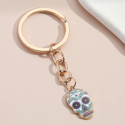 Breloc cu fața de craniu, schelet de flori, breloc chei emailat, cadou de Halloween pentru femei, bărbați, geantă de mână, chei de mașină, bijuterii lucrate manual