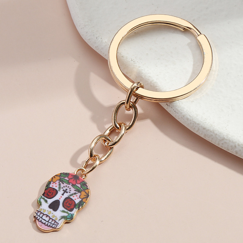 Breloc cu fața de craniu, schelet de flori, breloc chei emailat, cadou de Halloween pentru femei, bărbați, geantă de mână, chei de mașină, bijuterii lucrate manual