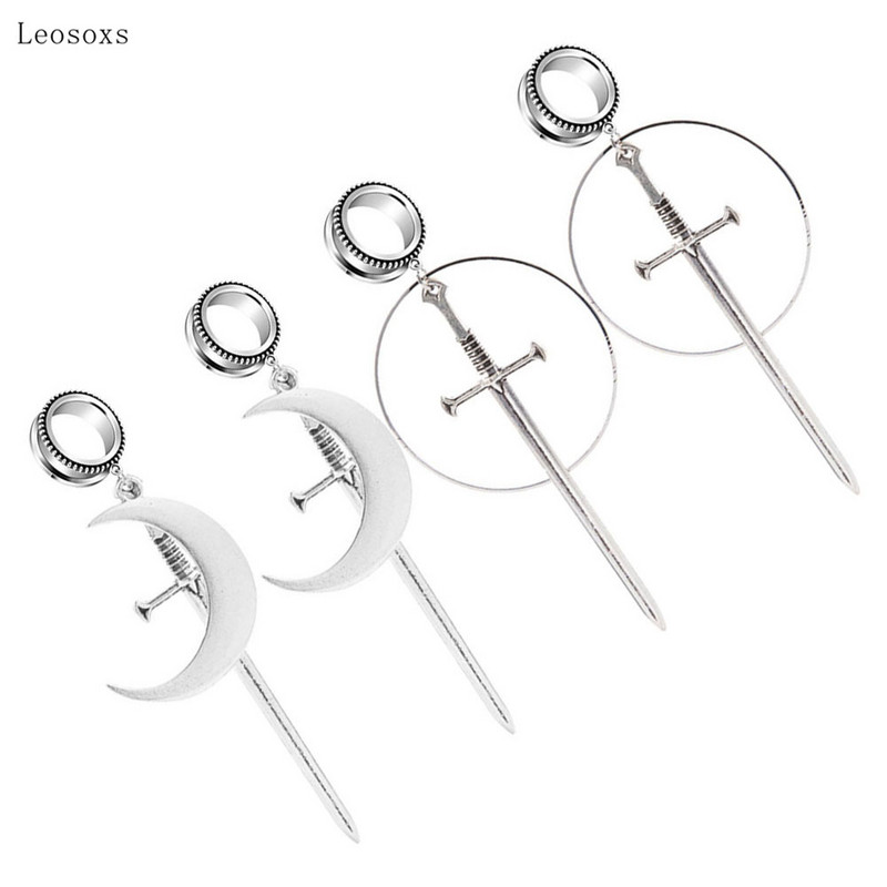 Leosoxs 2db robbanékony új termék rozsdamentes acél kard hold fültágító testpiercing ékszer