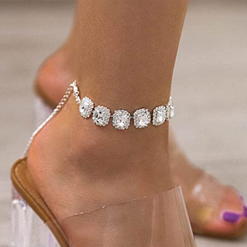 Stonefans Fashion Big Square Crystal Lanț de gleznă Comerț cu ridicata Femei Beach Sandale desculțe Lanț de gleznă Brățară Bijuterii pentru picioare