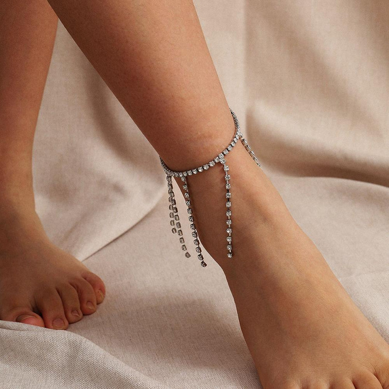 Stonefans Bijuterii simple pentru plajă, cu stras, ciucuri, gleznă, brățară pentru femei, vară, desculț, sandale croșetate, bijuterii cu lanț pentru picioare