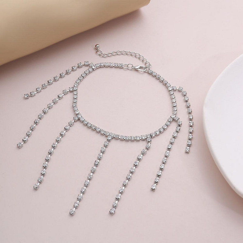 Stonefans Bijuterii simple pentru plajă, cu stras, ciucuri, gleznă, brățară pentru femei, vară, desculț, sandale croșetate, bijuterii cu lanț pentru picioare