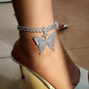 Stonefans Iced Out Big Butterfly Cuban Anklet for Women Неръждаема стомана Hip Hop Full Rhinestone Anklet Гривна Подарък на едро