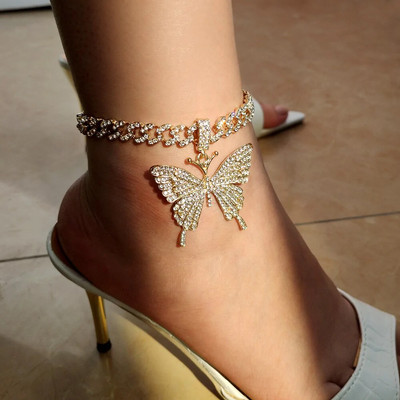 Stonefans Iced Out Big Butterfly Cuban Anklet for Women Неръждаема стомана Hip Hop Full Rhinestone Anklet Гривна Подарък на едро