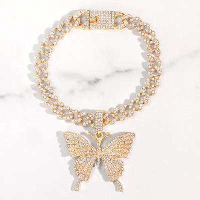 Stonefans Iced Out Big Butterfly Anklet cubanez pentru femei Oțel inoxidabil Hip Hop Full Rhinestone Brățară de gleznă Cadou cu ridicata