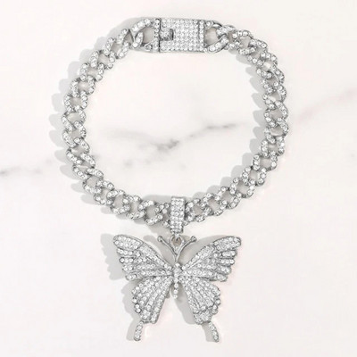 Stonefans Iced Out Big Butterfly Anklet cubanez pentru femei Oțel inoxidabil Hip Hop Full Rhinestone Brățară de gleznă Cadou cu ridicata