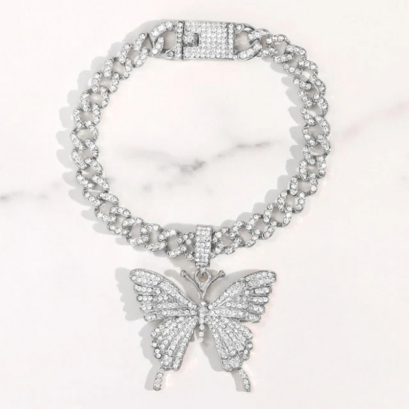 Stonefans Iced Out Big Butterfly Anklet cubanez pentru femei Oțel inoxidabil Hip Hop Full Rhinestone Brățară de gleznă Cadou cu ridicata
