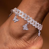 Stonefans Summmer Strass Cuban Link Lanț Fluture gleznă pentru femei Punk Iced Out Beach Desculț gleznă Brățară Bijuterii