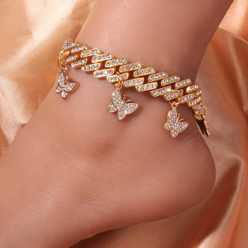 Stonefans Summer Rhinestone Cuban Link Chain Butterfly Anklet for Women Punk Iced Out Beach Barefoot Anklet Гривна Бижута