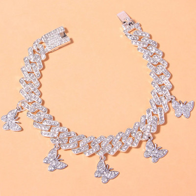 Stonefans Summmer Strass Cuban Link Lanț Fluture gleznă pentru femei Punk Iced Out Beach Desculț gleznă Brățară Bijuterii