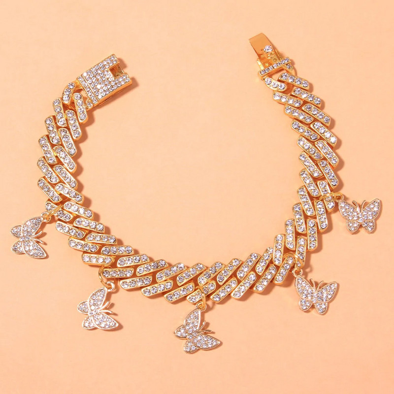 Stonefans Summmer Strass Cuban Link Lanț Fluture gleznă pentru femei Punk Iced Out Beach Desculț gleznă Brățară Bijuterii