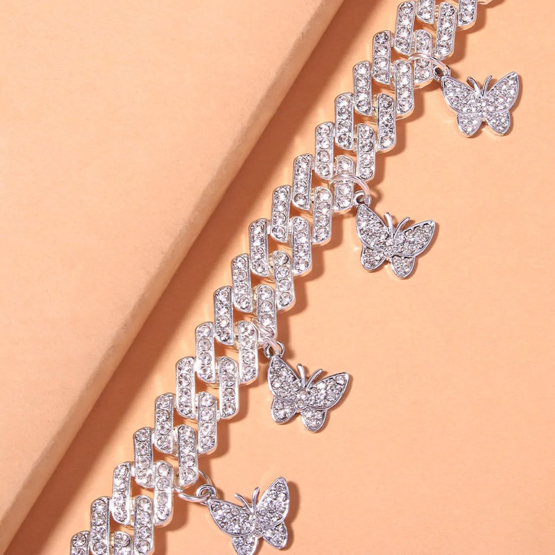 Stonefans Summmer Strass Cuban Link Lanț Fluture gleznă pentru femei Punk Iced Out Beach Desculț gleznă Brățară Bijuterii