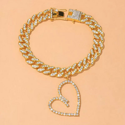 Stonefans, lanț cubanez gros, gol în formă de inimă, pandantiv, bijuterii, modă, cu strasuri, brățară de gleznă pe picior pentru femei