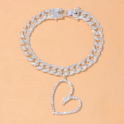 Stonefans, lanț cubanez gros, gol în formă de inimă, pandantiv, bijuterii, modă, cu strasuri, brățară de gleznă pe picior pentru femei