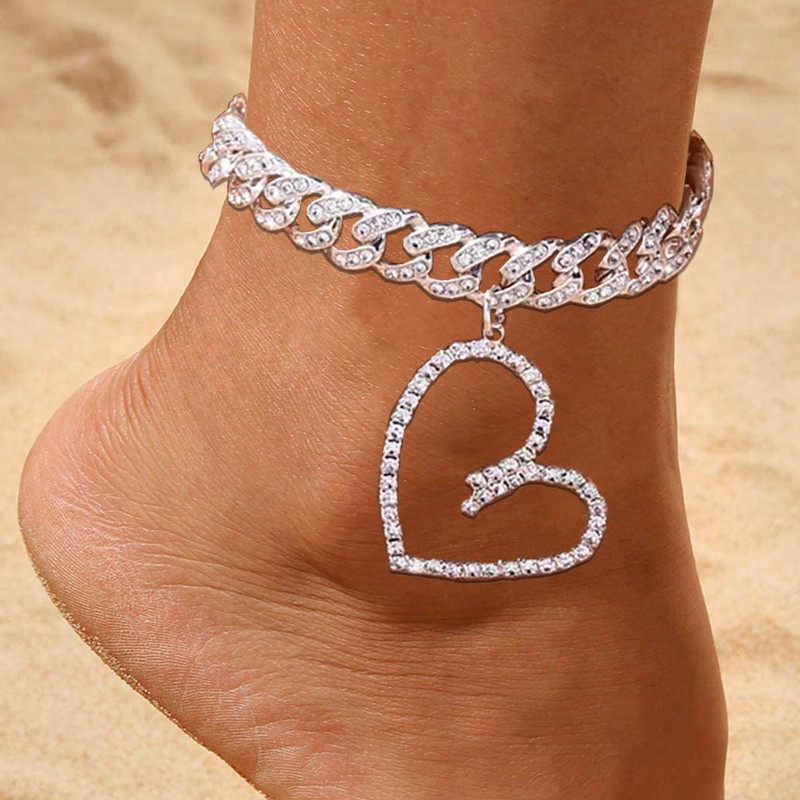 Stonefans, lanț cubanez gros, gol în formă de inimă, pandantiv, bijuterii, modă, cu strasuri, brățară de gleznă pe picior pentru femei
