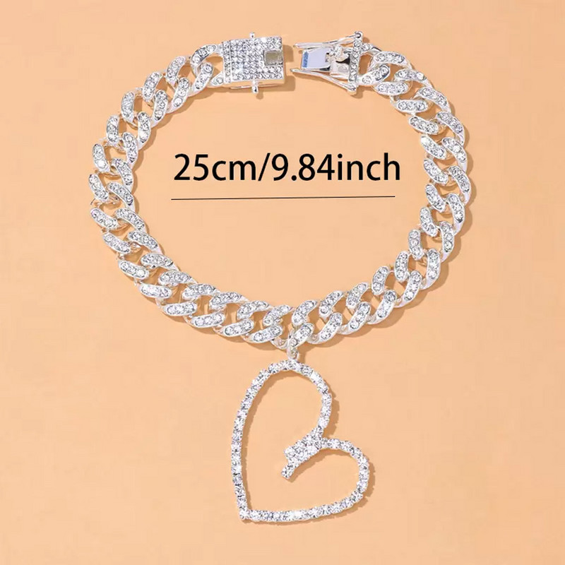Stonefans, lanț cubanez gros, gol în formă de inimă, pandantiv, bijuterii, modă, cu strasuri, brățară de gleznă pe picior pentru femei