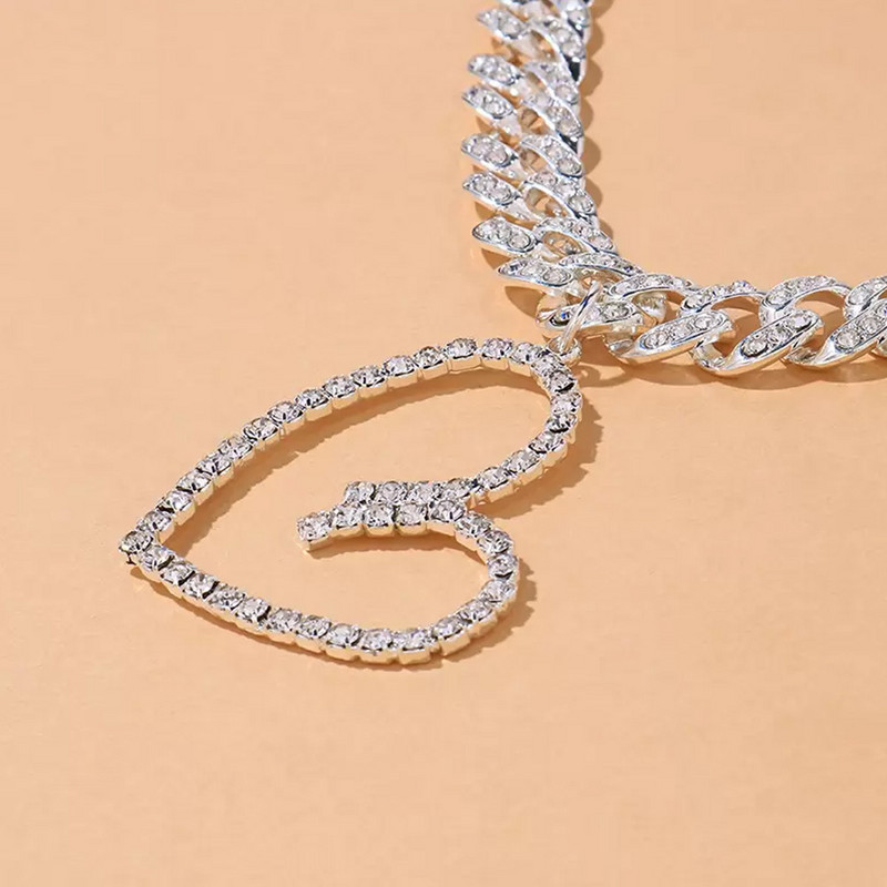 Stonefans, lanț cubanez gros, gol în formă de inimă, pandantiv, bijuterii, modă, cu strasuri, brățară de gleznă pe picior pentru femei