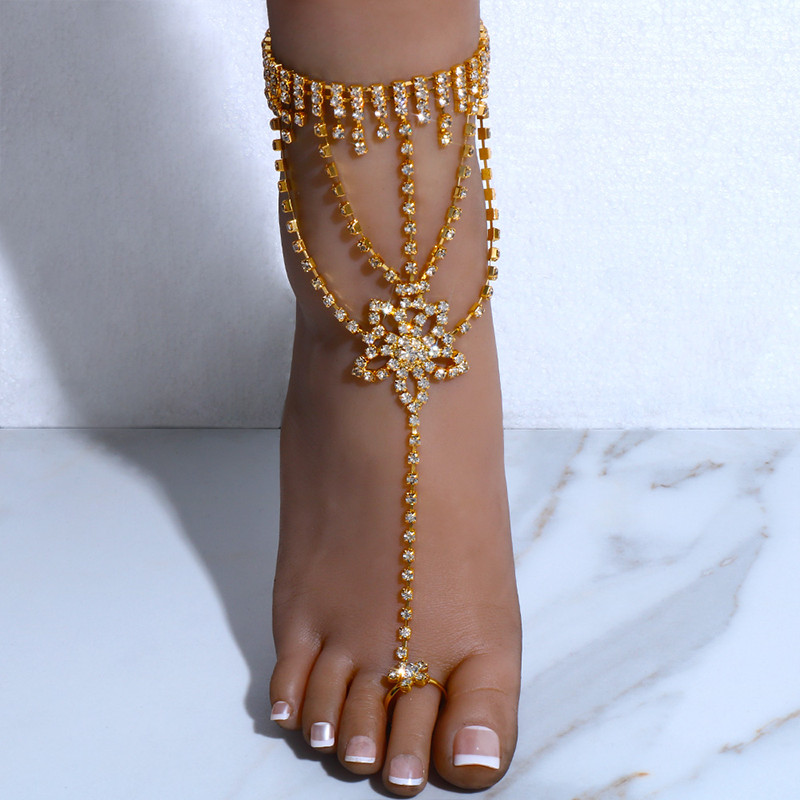 Stonefans Boho cu strasuri cu model de flori inel pentru degetele de la picioare Brățări de gleznă Bijuterii de plajă pentru femei Lanț de picior pentru sandale de gleznă Accesorii