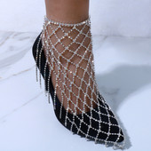 Stonefans Brățară de gleznă cu toc înalt cu stras complet pentru femei Brățară de gleznă cu plasă goală exagerată, ciucuri, bijuterii pentru picioare