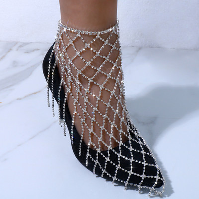 Stonefans Full Rhinestone High Heel Anklet за крака Гривна за жени Преувеличена куха мрежа Гривна за глезен Пискюли Бижута за крака
