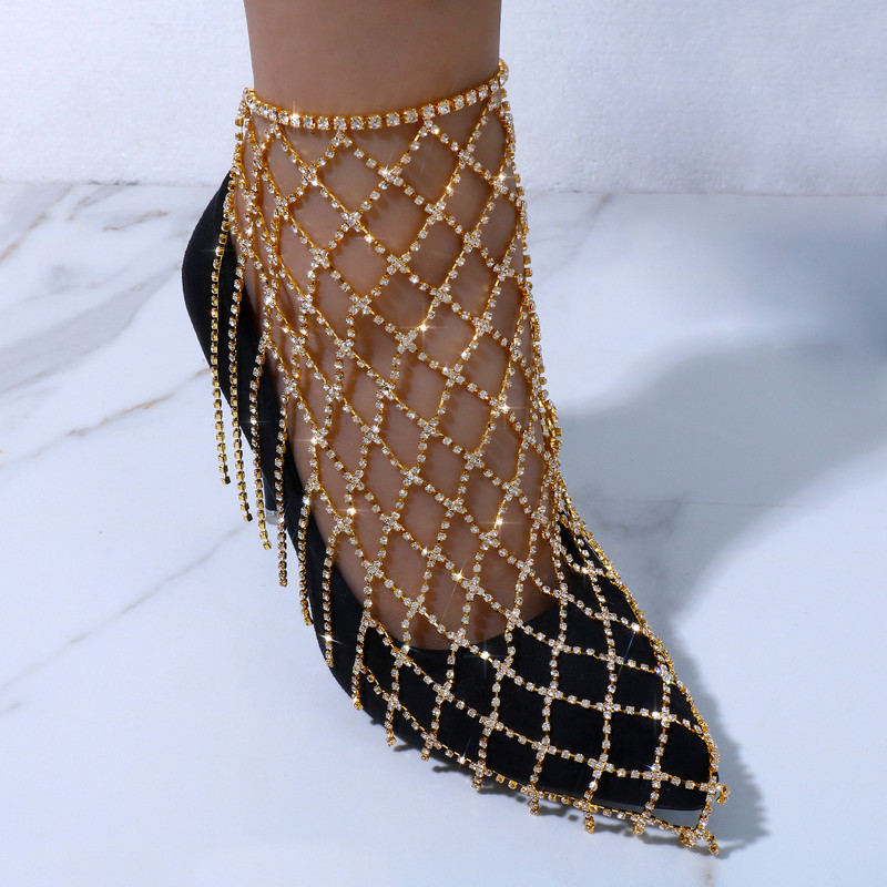 Stonefans Brățară de gleznă cu toc înalt cu stras complet pentru femei Brățară de gleznă cu plasă goală exagerată, ciucuri, bijuterii pentru picioare
