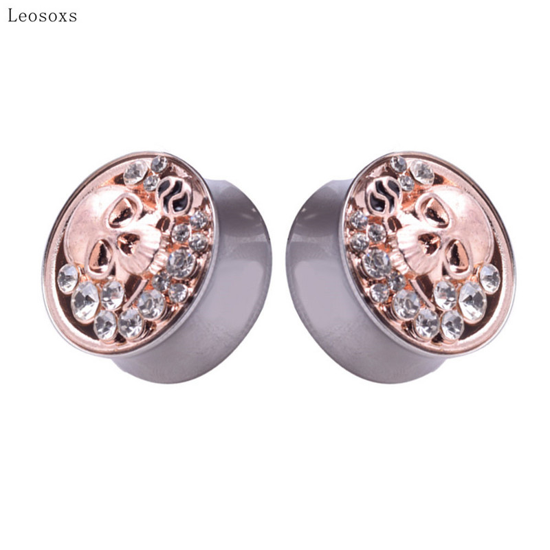 Leosoxs 2 bucăți din oțel inoxidabil din oțel inoxidabil din oțel inoxidabil pentru urechi, craniu și cercei din aur roz, bijuterii piercing