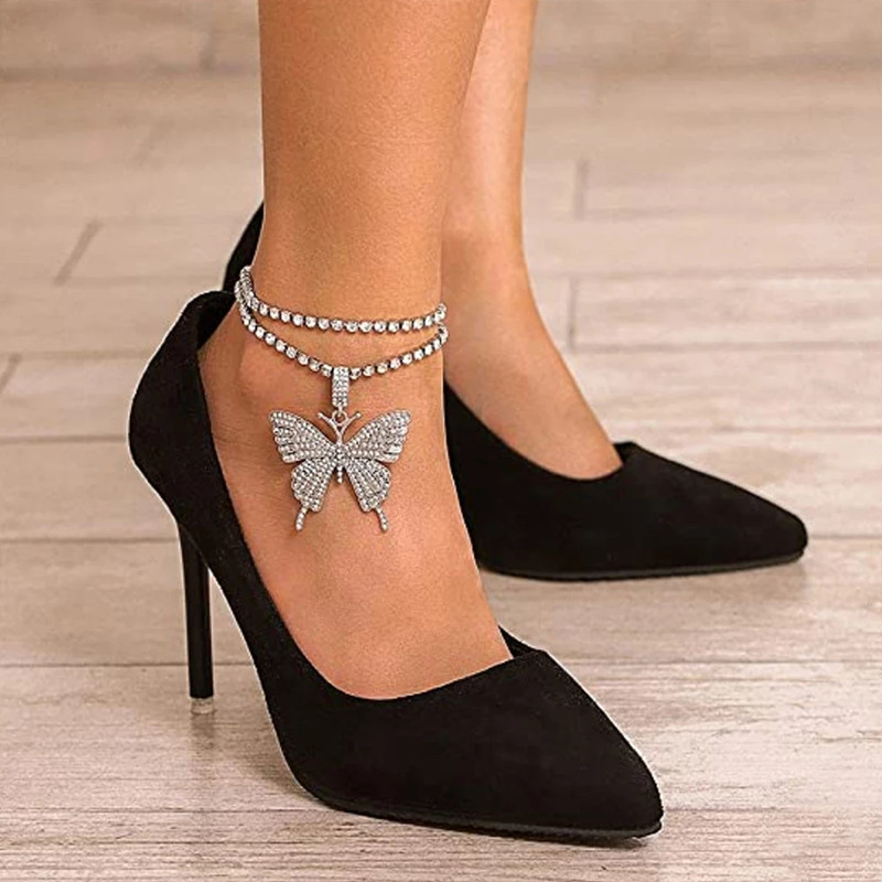 Stonefans Fashion Strass Big Butterfly gleznă pentru femei Vară Plajă simplu dublu strat tenis lanț glezna bijuterii petrecere