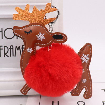 Breloc cu minge de blană de animale drăguț, piele PU, elan, fulg de nea, pluș, pandantiv, breloc pentru femeie, geantă, ornamente pentru mașini, Cadouri de Crăciun