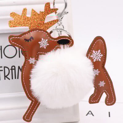 Breloc cu minge de blană de animale drăguț, piele PU, elan, fulg de nea, pluș, pandantiv, breloc pentru femeie, geantă, ornamente pentru mașini, Cadouri de Crăciun
