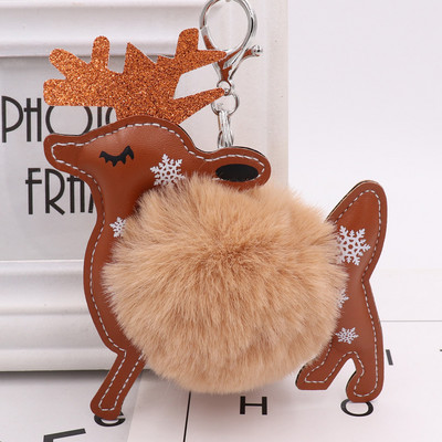 Breloc cu minge de blană de animale drăguț, piele PU, elan, fulg de nea, pluș, pandantiv, breloc pentru femeie, geantă, ornamente pentru mașini, Cadouri de Crăciun