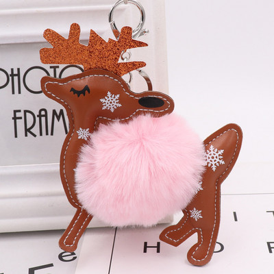 Breloc cu minge de blană de animale drăguț, piele PU, elan, fulg de nea, pluș, pandantiv, breloc pentru femeie, geantă, ornamente pentru mașini, Cadouri de Crăciun