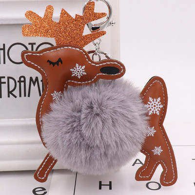 Breloc cu minge de blană de animale drăguț, piele PU, elan, fulg de nea, pluș, pandantiv, breloc pentru femeie, geantă, ornamente pentru mașini, Cadouri de Crăciun