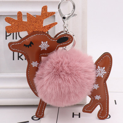 Breloc cu minge de blană de animale drăguț, piele PU, elan, fulg de nea, pluș, pandantiv, breloc pentru femeie, geantă, ornamente pentru mașini, Cadouri de Crăciun