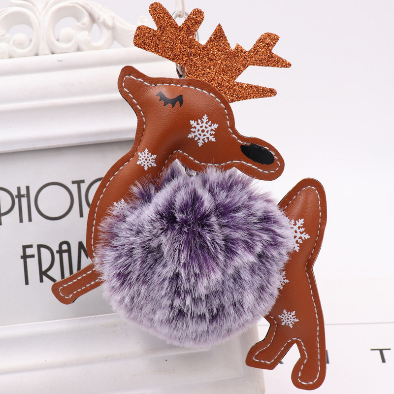 Breloc cu minge de blană de animale drăguț, piele PU, elan, fulg de nea, pluș, pandantiv, breloc pentru femeie, geantă, ornamente pentru mașini, Cadouri de Crăciun