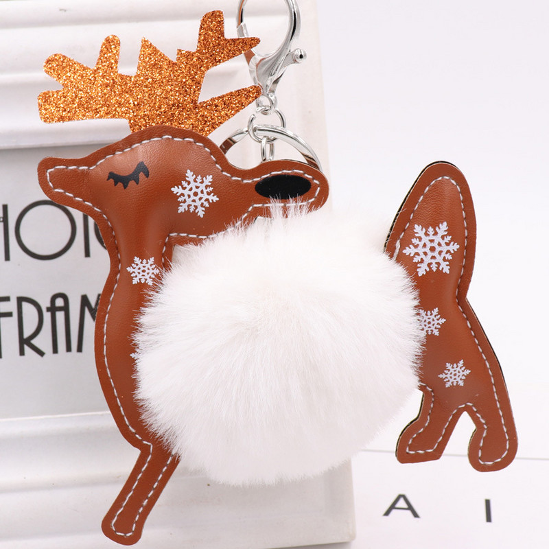 Breloc cu minge de blană de animale drăguț, piele PU, elan, fulg de nea, pluș, pandantiv, breloc pentru femeie, geantă, ornamente pentru mașini, Cadouri de Crăciun