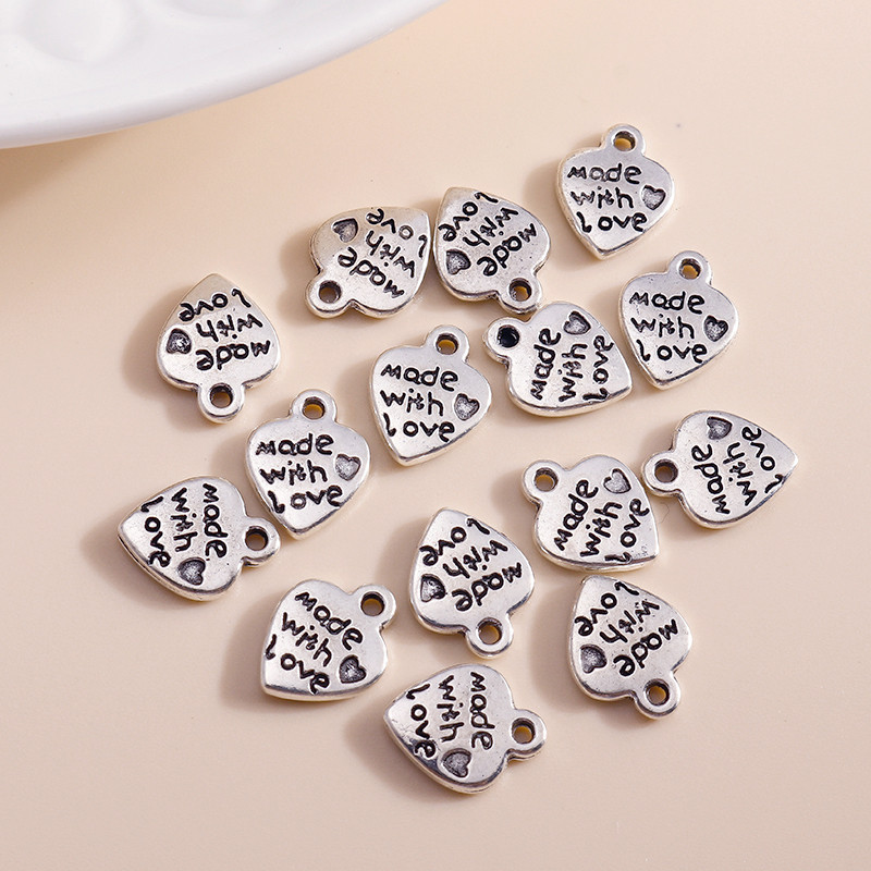40 de bucăți 12*10 mm, de culoare argintie antică, brelocuri de inimă din metal, făcute cu dragoste, pandantive pentru colier, bricolaj, bijuterii, artizanat manual