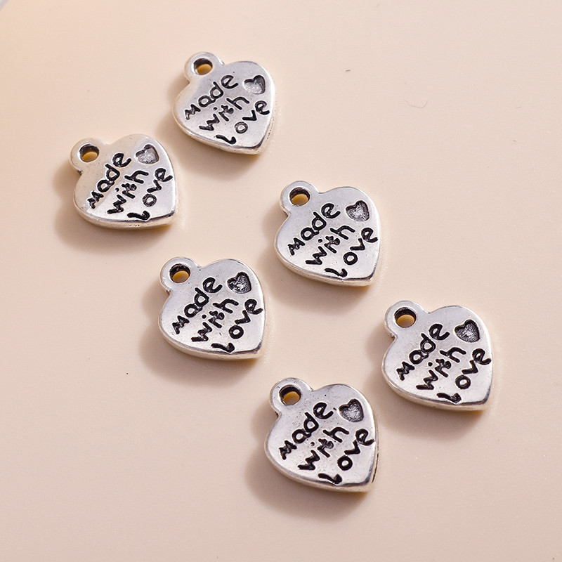 40 de bucăți 12*10 mm, de culoare argintie antică, brelocuri de inimă din metal, făcute cu dragoste, pandantive pentru colier, bricolaj, bijuterii, artizanat manual