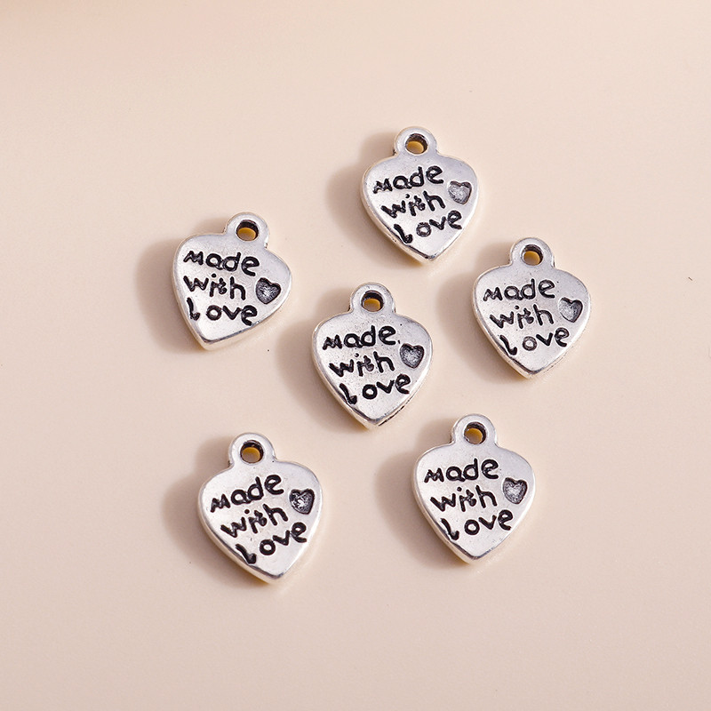 40 de bucăți 12*10 mm, de culoare argintie antică, brelocuri de inimă din metal, făcute cu dragoste, pandantive pentru colier, bricolaj, bijuterii, artizanat manual
