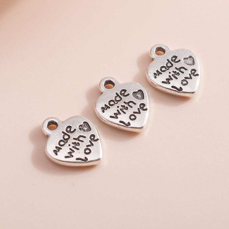 40 de bucăți 12*10 mm, de culoare argintie antică, brelocuri de inimă din metal, făcute cu dragoste, pandantive pentru colier, bricolaj, bijuterii, artizanat manual