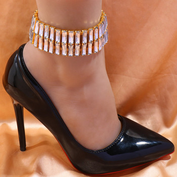 Stonefans Двуслойни правоъгълни кристални гривни за глезена за жени Бохомски високи токчета Бижута за крака Сандали Аксесоари