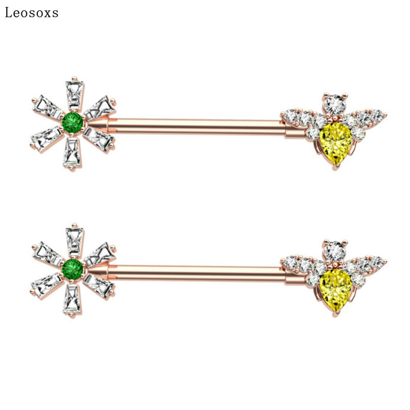 Leosoxs 2 buc. Oferte fierbinte Flower Bee Zircon Inel pentru piept din oțel inoxidabil Tip Pin Piercing cu mreană industrială Bijuterii