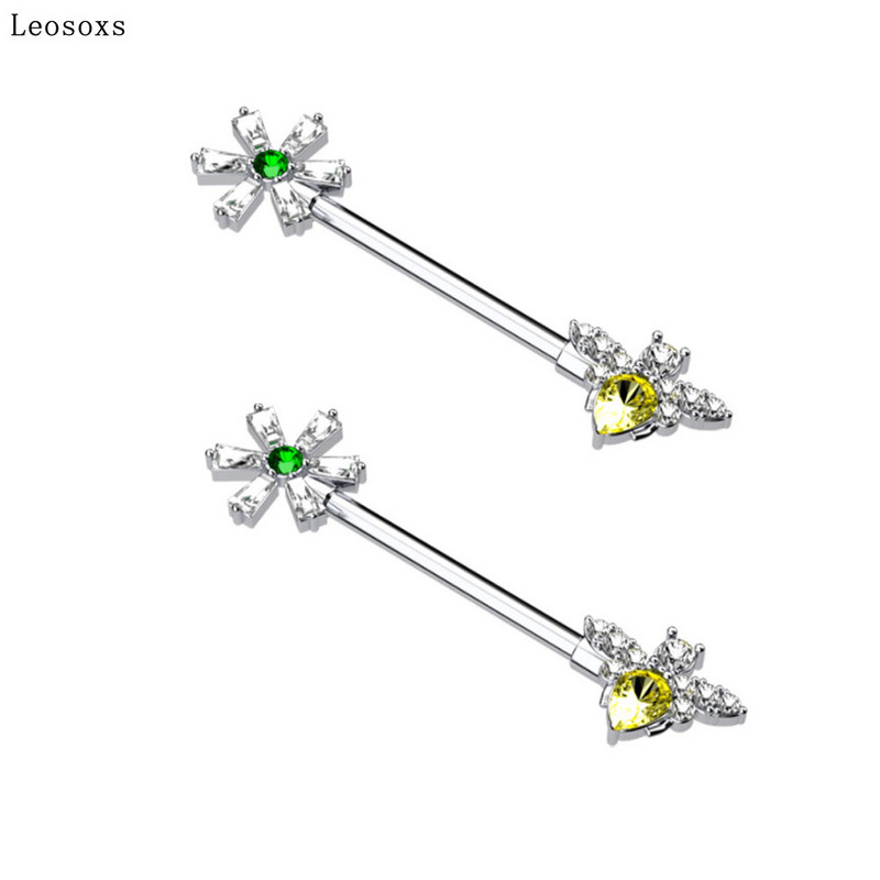 Leosoxs 2 buc. Oferte fierbinte Flower Bee Zircon Inel pentru piept din oțel inoxidabil Tip Pin Piercing cu mreană industrială Bijuterii