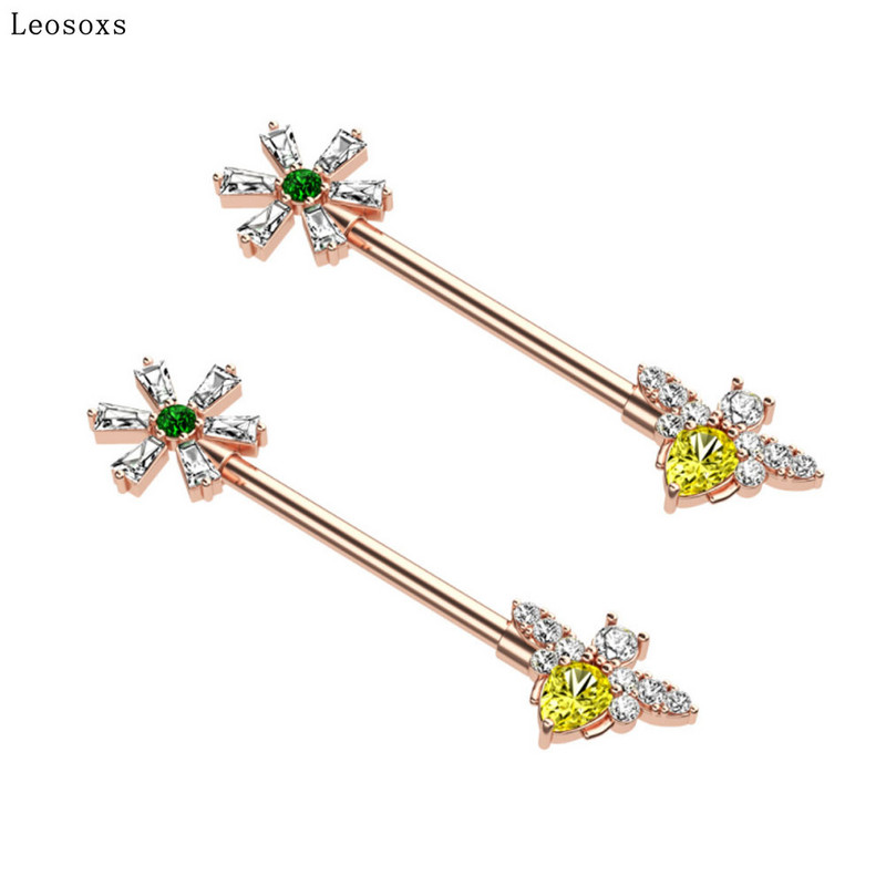 Leosoxs 2 buc. Oferte fierbinte Flower Bee Zircon Inel pentru piept din oțel inoxidabil Tip Pin Piercing cu mreană industrială Bijuterii