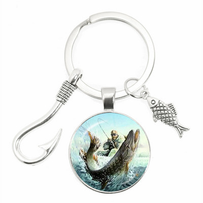 Моден ключодържател Fishing Master Ключодържател Fish Hook Keychain Стъклен купол Ключодържател Fisherman I Love Fishing Fish Pendant Ключодържател