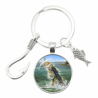 Моден ключодържател Fishing Master Ключодържател Fish Hook Keychain Стъклен купол Ключодържател Fisherman I Love Fishing Fish Pendant Ключодържател