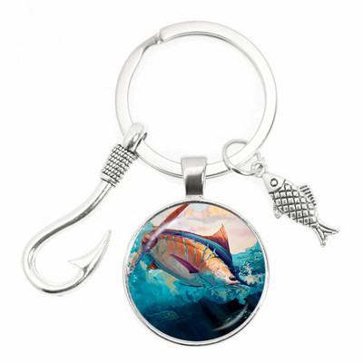 Моден ключодържател Fishing Master Ключодържател Fish Hook Keychain Стъклен купол Ключодържател Fisherman I Love Fishing Fish Pendant Ключодържател