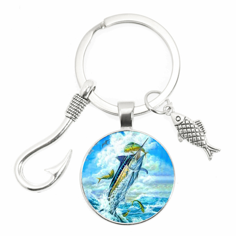 Моден ключодържател Fishing Master Ключодържател Fish Hook Keychain Стъклен купол Ключодържател Fisherman I Love Fishing Fish Pendant Ключодържател